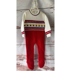 Vintage Red & White Baby Knit Footie Jumper With Mushroom Pattern Back Zipper Cl
